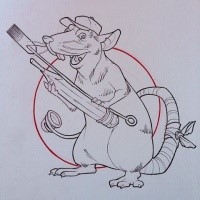 Cartoon rodent in cap keeping a huge pencil tattoo design