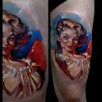 Cartoon style colored thigh tattoo of sexy woman