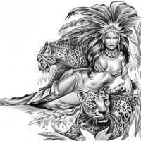 Charming feather-decorated lying girl with jaguars tattoo design