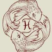 Charming scaled fishes and horoscop symbol between them tattoo design