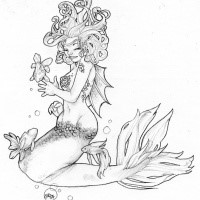 Cheerful grey-ink sitting mermaid and diving fishes tattoo design