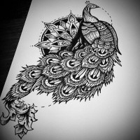 Chic black-and-white peacock on mandala bsckground tattoo design