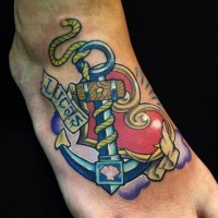 Colored old school anchor with cute huge red heart tattoo on foot