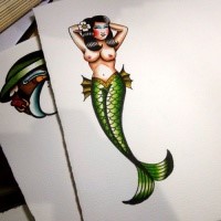 Colored old school green-tail mermaid tattoo design