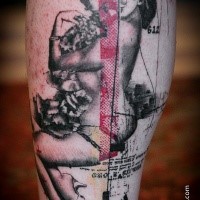 Colored trash polka style leg tattoo of seductive woman