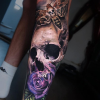 Colorful Skull with Rose and Moth tattoo