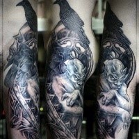 Colorful fantasy style large thigh tattoo of gargoyle combined with human skull and crow