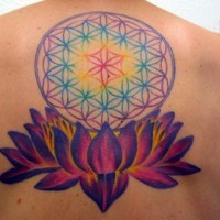 Colorful flower of life in lotus tattoo on backlotus-tattoo