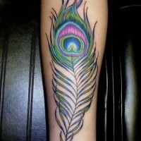 Tatuaje en el antebrazo,
pluma de pavo real abigarrada