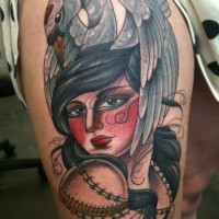 Colorful swan and gipsy girl tattoo on thigh