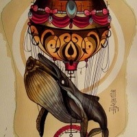 Colorful whale flying on big balloon tattoo design
