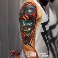 Colorfull abstract skull tattoo on shoulder
