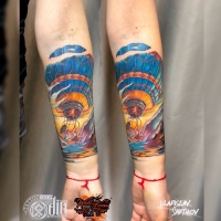 Colorfull air balloon tattoo on forearm