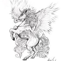 Colorles curly-fur winged jumping unicorn tattoo design