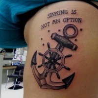 Cool black-and-white anchor with lettering tattoo on rib-side