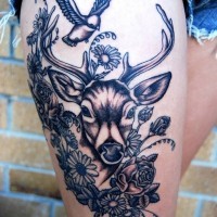 Cool black-ink flowers with deer and bird tattoo on thigh