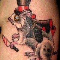Cool color-ink old-school rodent in hat tattoo