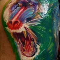 Cool colorful baboon on green background tattoo