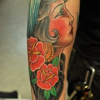 Cool colorful gypsy girl tattoo for guys on forearm