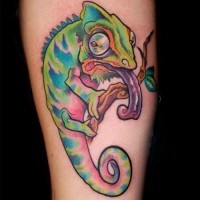 Cool girly bright-colored chameleon tattoo on arm