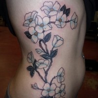 Cool pale colored dogwood flower tattoo on side