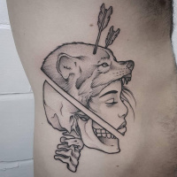 Creative black and white wolf woman skull tattoo