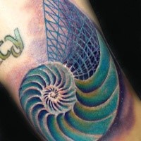 Creative painted and colored upper arm tattoo of nautilus with geometrical figure