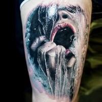 Creative painted horror style upper arm tattoo of screaming frozen woman