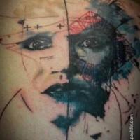 Creepy looking colored scapular tattoo of scary woman portrait