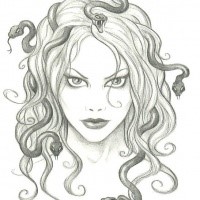 Cunning grey-ink medusa gorgona portrait tattoo design