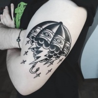 Carino tatuaggio astratto stile vecchia scuola con ombrello, flash e pugnali