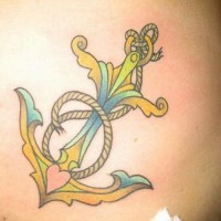 Cute colored anchor with rope and heart tattoo on belly