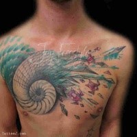 Tatuaggio petto stilizzato e colorato del nautilo con piccole tartarughe