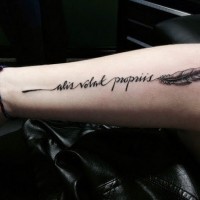 Cute little feather with quote tattoo on arm