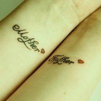 Cute mother and father quotes with red tiny hearts tattoo on arms