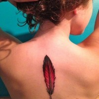 Tatuaje en la espalda, pluma roja elegante