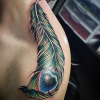 Dark-green peacock feather tattoo for men on shoulder