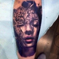 Detailed colored portrait tattoo of seductive woman