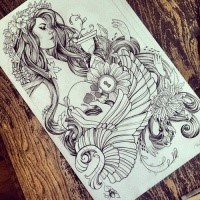 Detailed grey-ink mermaid with long wavy hair tattoo design