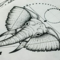 Dotwork black-eyed elephant with geometric drawings tattoo design by Askaraya