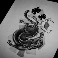 Dotwork panther falling from moonlight sky tattoo design