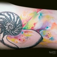 Dotwork style black ink nautilus tattoo