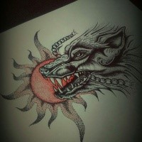 Dotwork wolf head and bright red sun tattoo design
