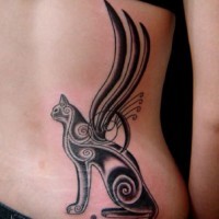 Egyptian style tracery cat with wings tattoo