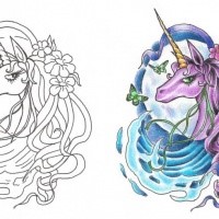 Elegant cartoon violet unicorn in blue detailed frame tattoo design by Tattoo Savage