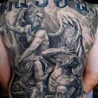 Enormous black and white whole back tattoo of angels fight and lettering