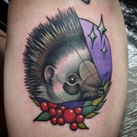 Exiting color-ink heggehog woth berries tattoo