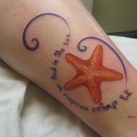 Exiting colorful starfish infinity with quote tattoo on shin