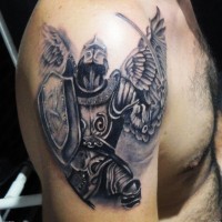 Faceless warrior with wings tattoo on shoulder