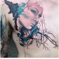 Fantas style colored chest tattoo of woman portait stylized with trees